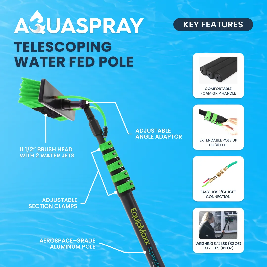 Infographic of an EquipMaxx aerospace-grade aluminum water fed pole detailing its brush head, adjustable clamps, and hose connections.
