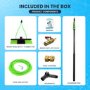 Grid showing the included parts of an aluminum water fed pole: brush, hose, valves, gooseneck, manual, and pole.