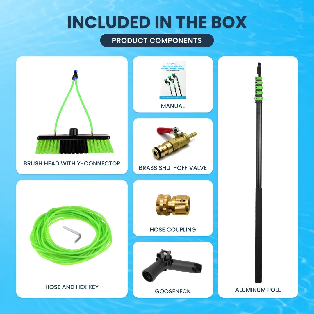 Grid showing the included parts of an aluminum water fed pole: brush, hose, valves, gooseneck, manual, and pole.