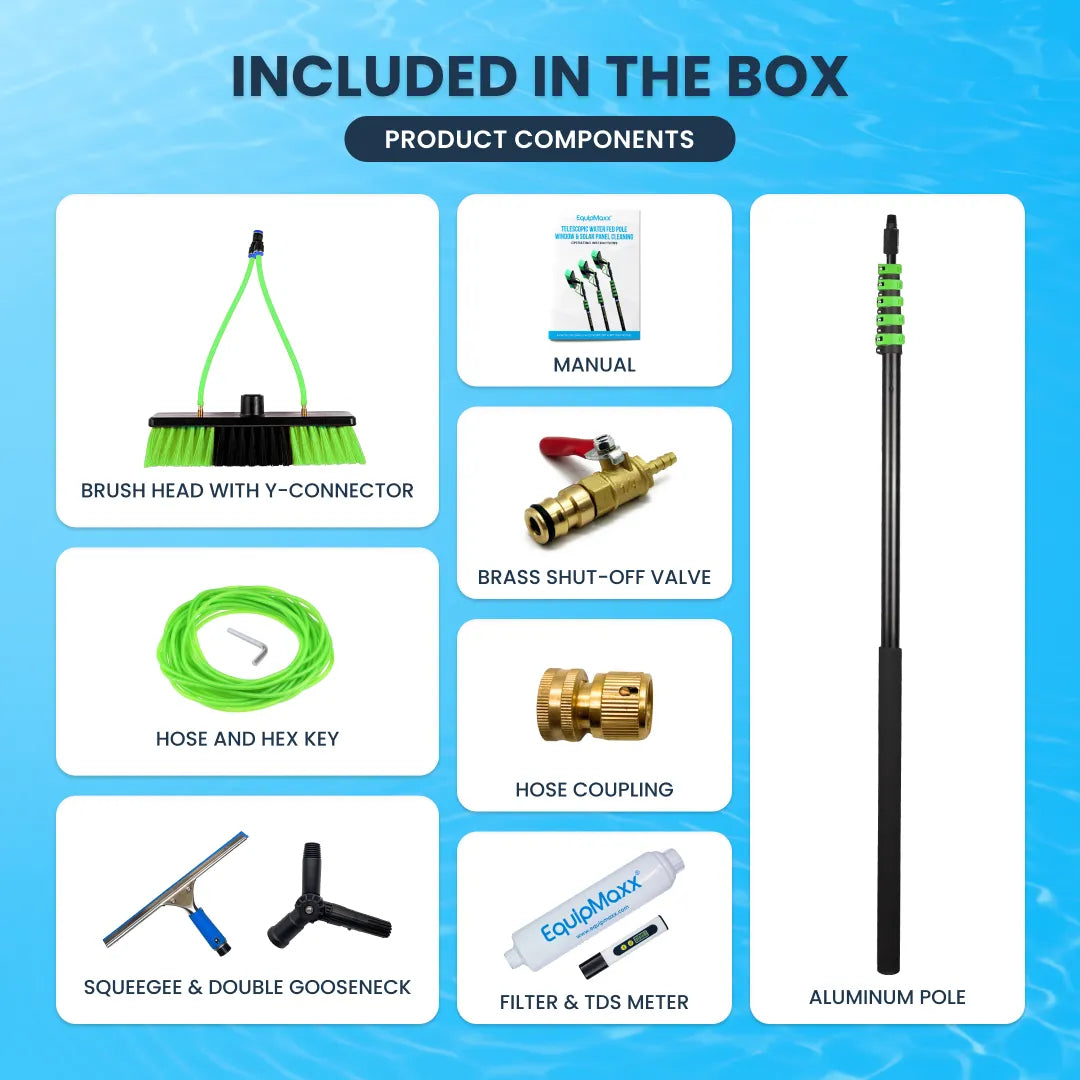 Included parts of an aluminum water fed pole squeegee with inline water filter and tds meter: brush, hose, and squeegee.