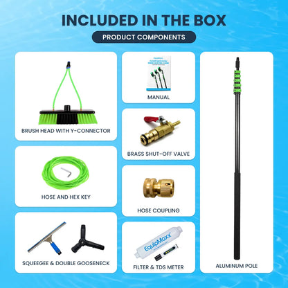 Included parts of an aluminum water fed pole squeegee with inline water filter and tds meter: brush, hose, and squeegee.