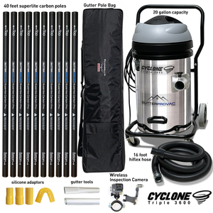 Cyclone Triple 3600 Gutter Vacuum (20gal), 40 Foot Carbon Gutter Poles, Bag & Camera Kit