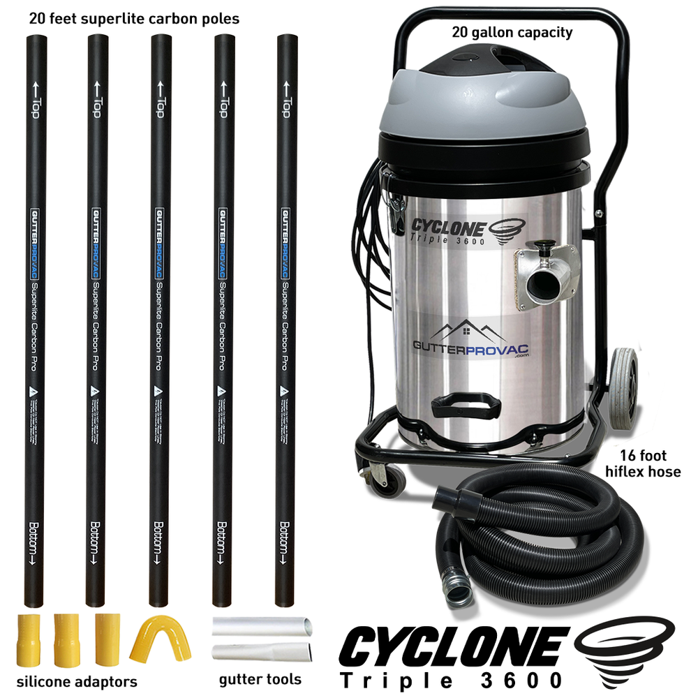 Cyclone Triple 3600 Gutter Vacuum (20gal) with 20 foot Carbon Gutter Poles