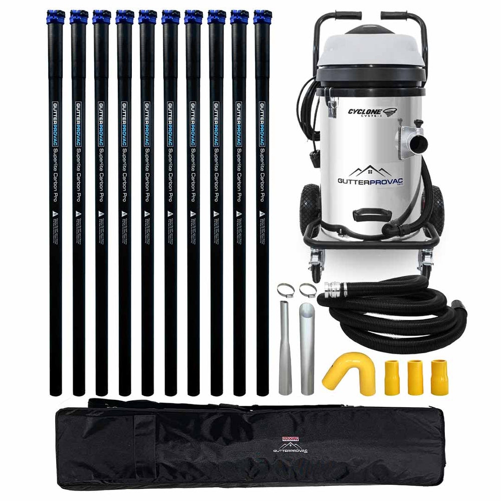 20 Gallon Cyclone II 3600W Stainless Steel Gutter Vacuum with 40 Foot Carbon Fiber Clamping Poles and Bag