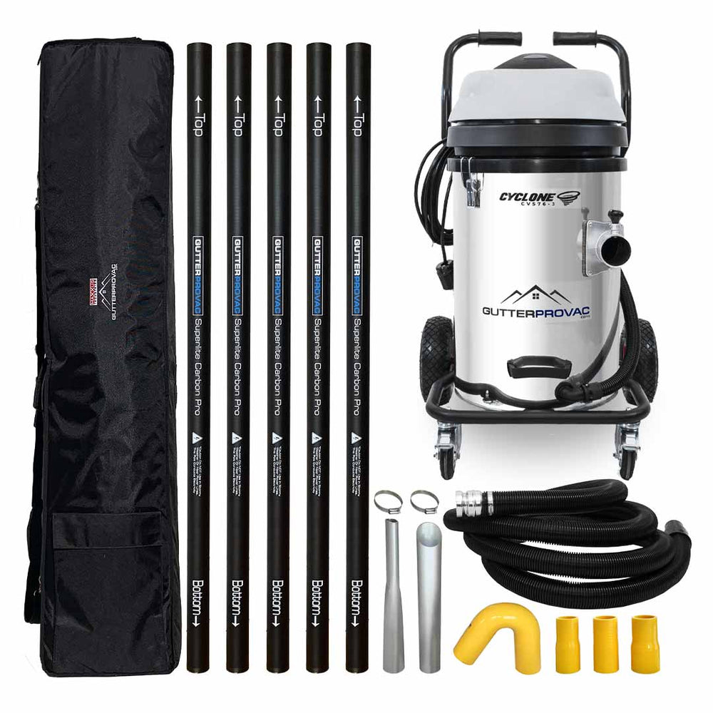 20 Gallon Cyclone II 3600W  Stainless Steel  Gutter Vacuum with 20 Foot Carbon Tapered Poles and Bag