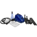 Aqua Pro Steamer complete set featuring the main steamer unit, nozzles, cloth, water bottle, extension wands and user guide.
