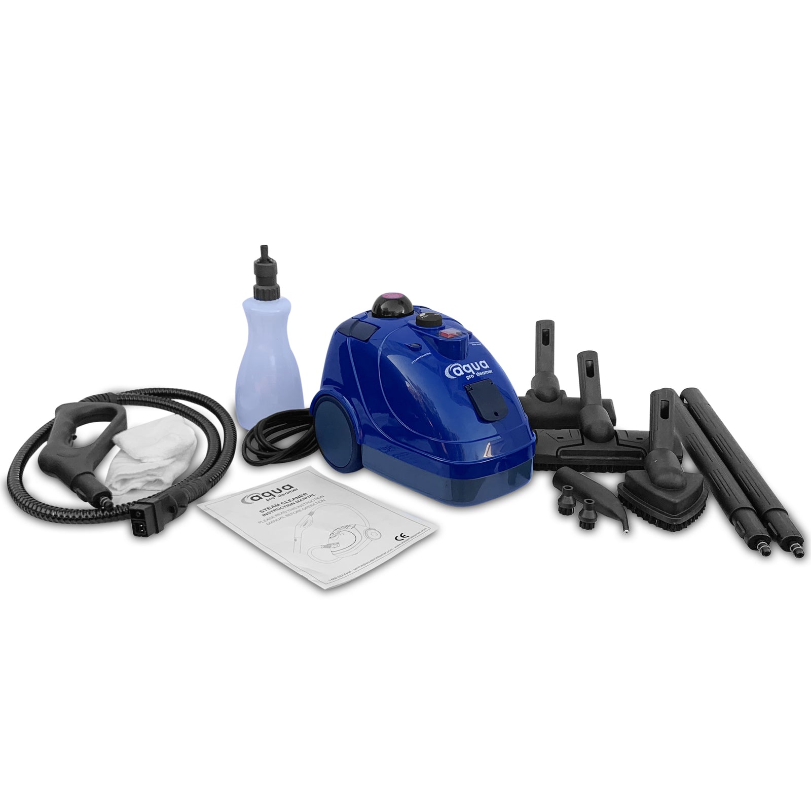 Aqua Pro Steamer complete set featuring the main steamer unit, nozzles, cloth, water bottle, extension wands and user guide.