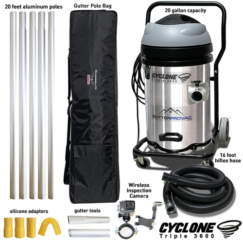 Cyclone Triple 3600 Gutter Vacuum (20gal), 20 Foot Aluminum Gutter Poles, Bag & Camera Kit