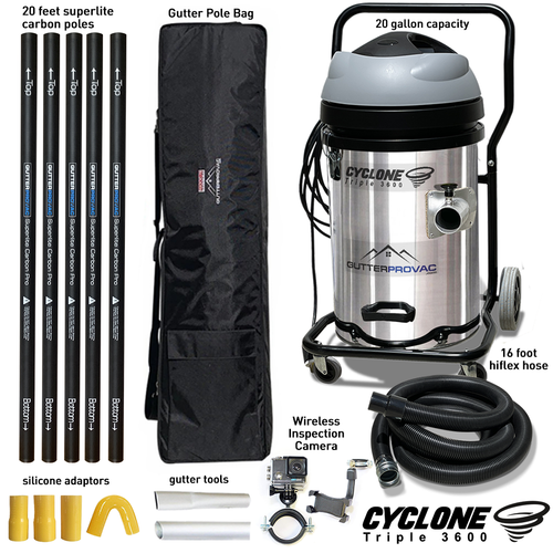 Cyclone Triple 3600 Gutter Vacuum (20gal), 20 Foot Carbon Gutter Poles, Bag & Camera Kit