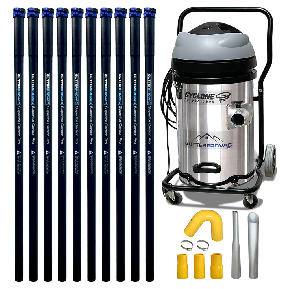 20 Gallon Cyclone Triple 3600 Gutter Vacuum Kit with 40 Foot (3 Story) Carbon Clamping Gutter Poles