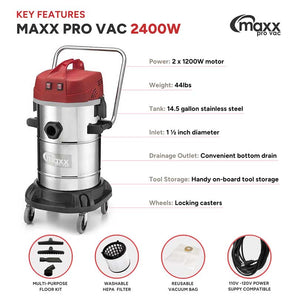 Stainless Steel 2400W 14.5 Gallon Commercial Wet/Dry Vacuum