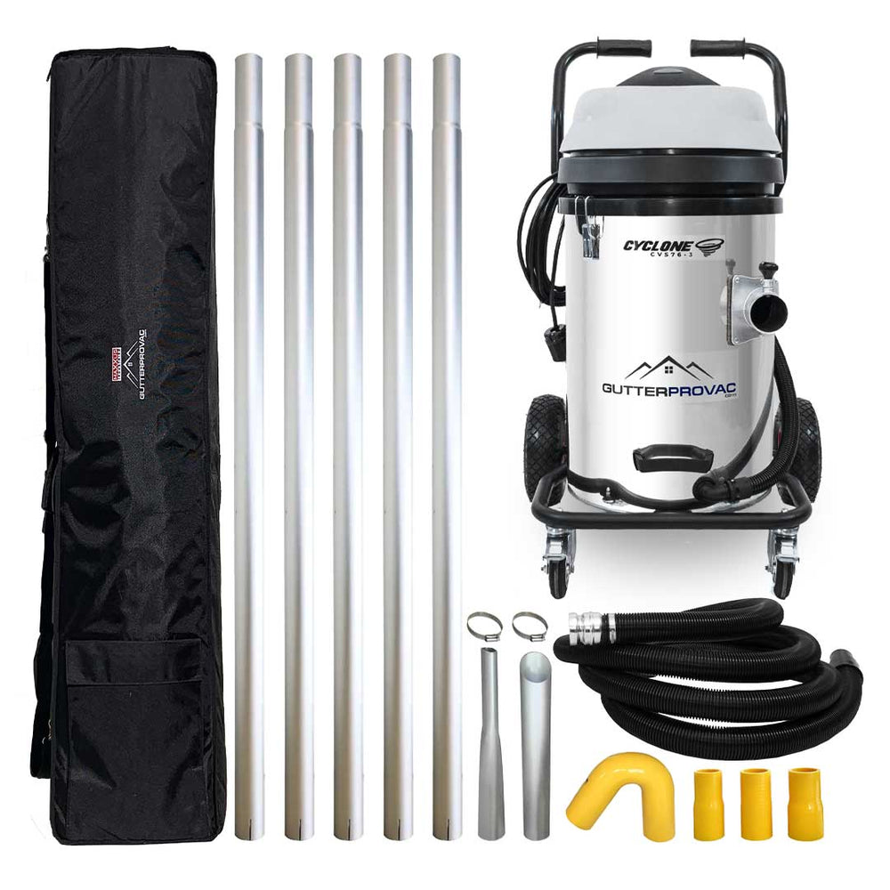 20 Gallon Cyclone II 3600W  Stainless Steel Gutter Vacuum with 20 Foot Aluminum Poles and Bag
