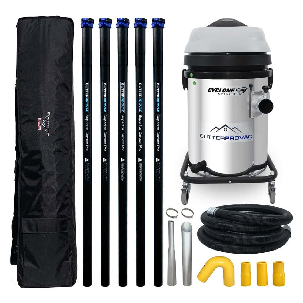 13 Gallon Cyclone 2400W Stainless Steel Domestic Gutter Vacuum with 20 Foot Carbon Fiber Clamping  Poles and Bag