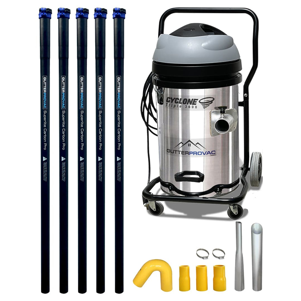 20 Gallon Cyclone Triple 3600 Gutter Vacuum Kit with 20 Foot (2 Story) Carbon Clamping Gutter Poles
